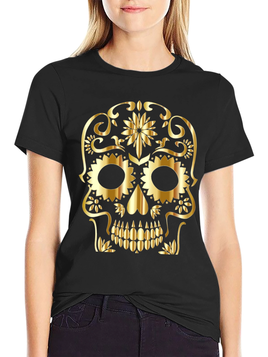Skull Graphic Tee - Gold Sugar Skull Design