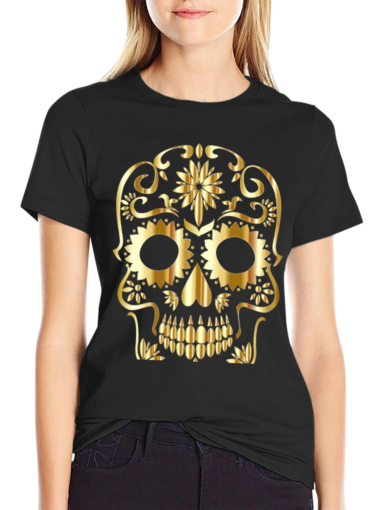 Skull Graphic Tee - Gold Sugar Skull Design