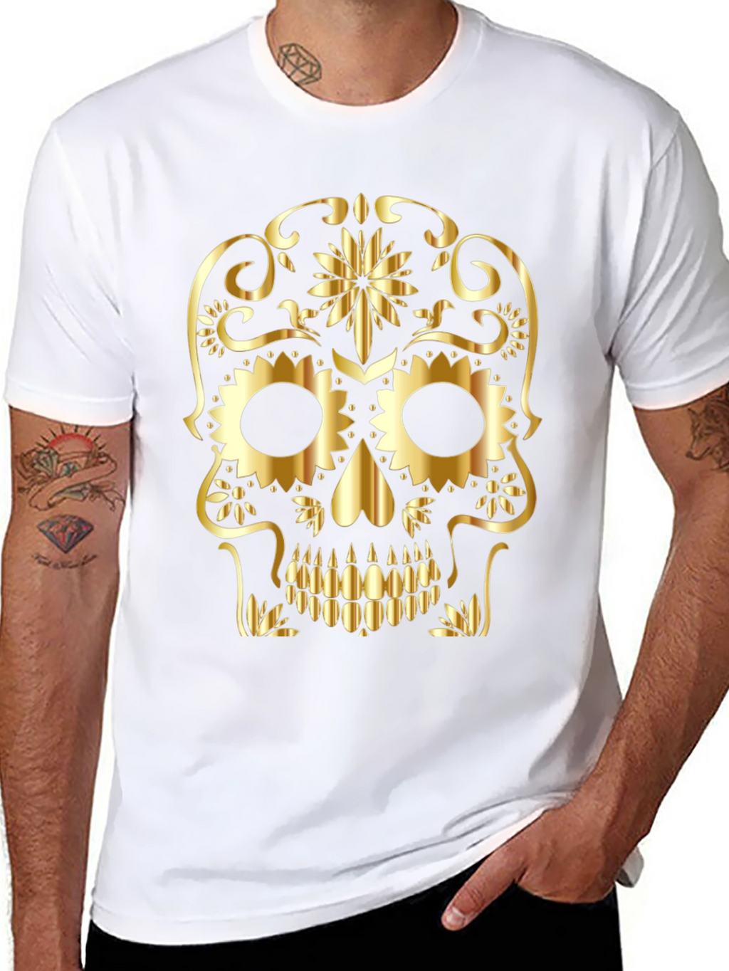Skull Graphic Tee - Gold Sugar Skull Design