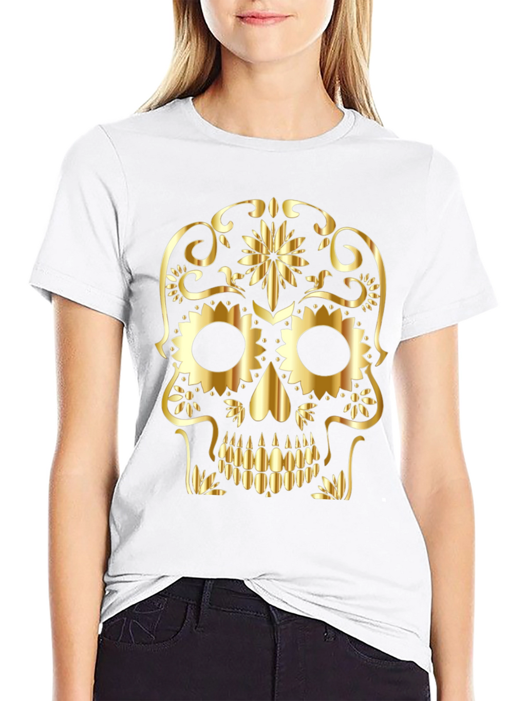 Skull Graphic Tee - Gold Sugar Skull Design