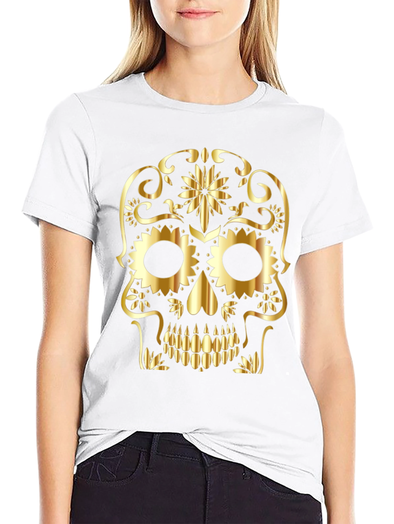 Skull Graphic Tee - Gold Sugar Skull Design