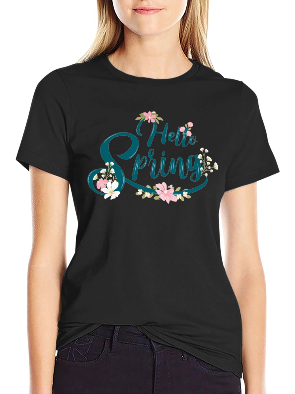 Hello Spring Floral Graphic Tee - Black