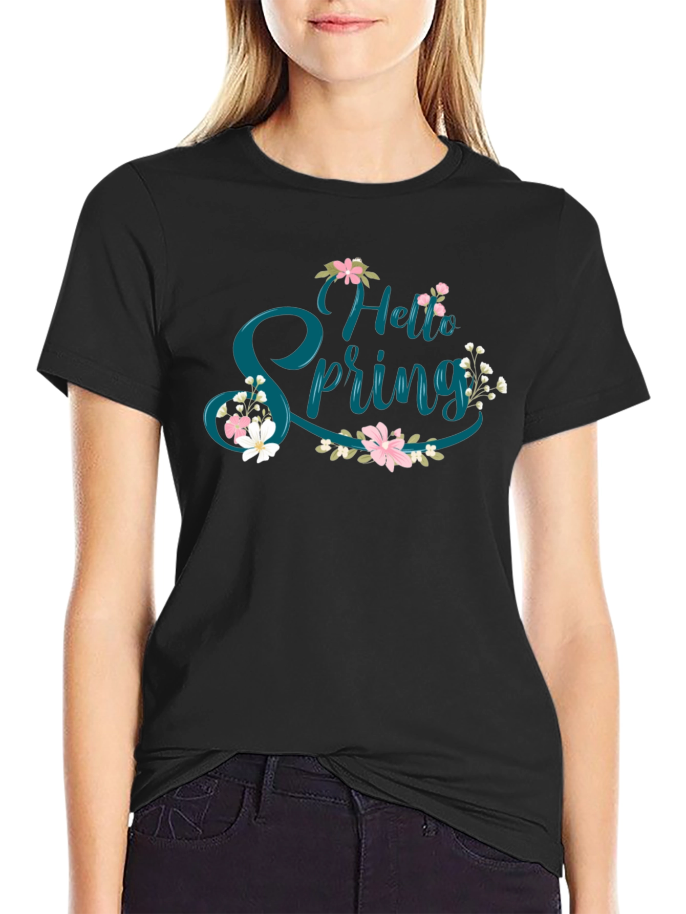 Hello Spring Floral Graphic Tee - Black