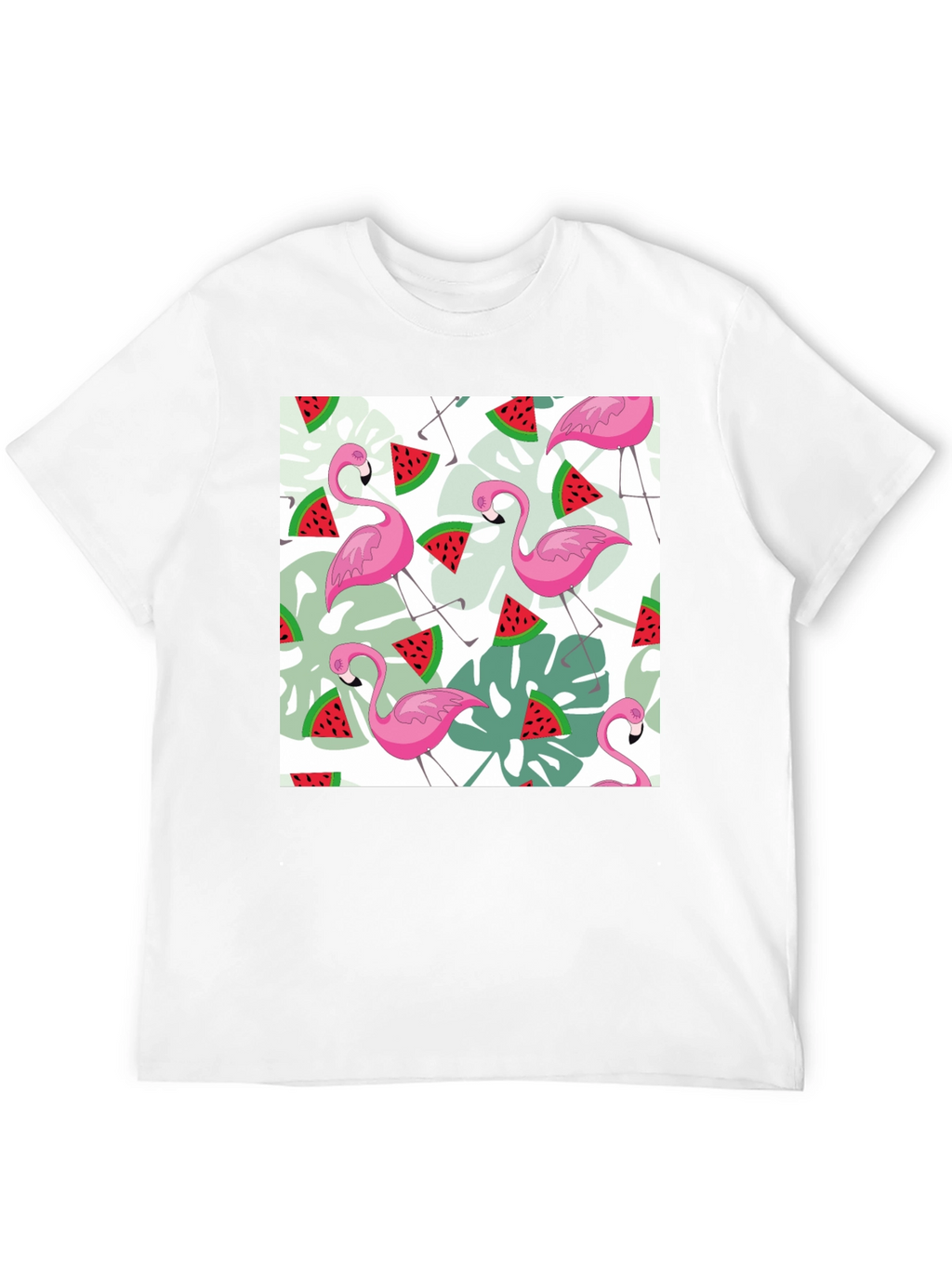 Flamingo & Watermelon Print Black T-Shirt