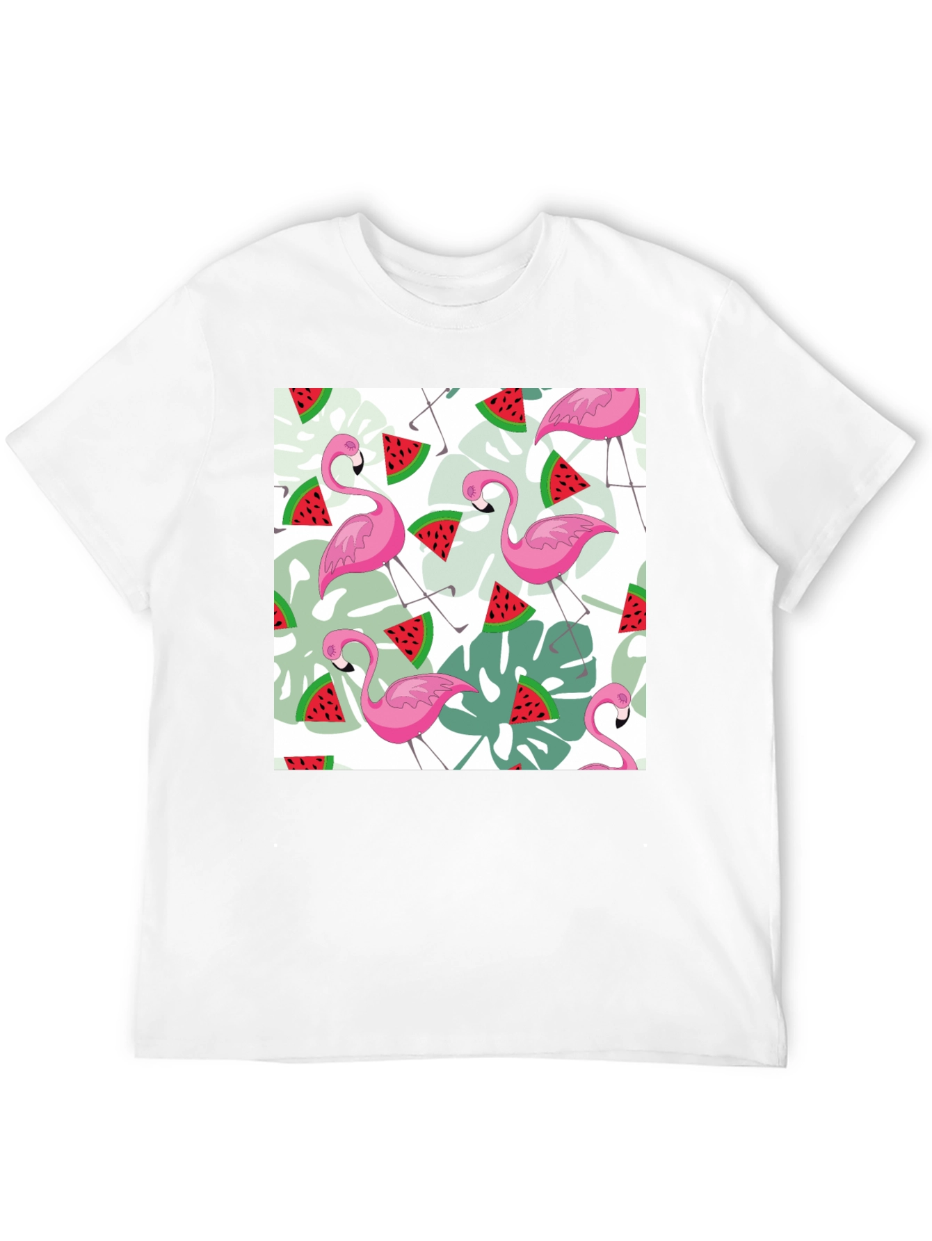 Flamingo & Watermelon Print Black T-Shirt