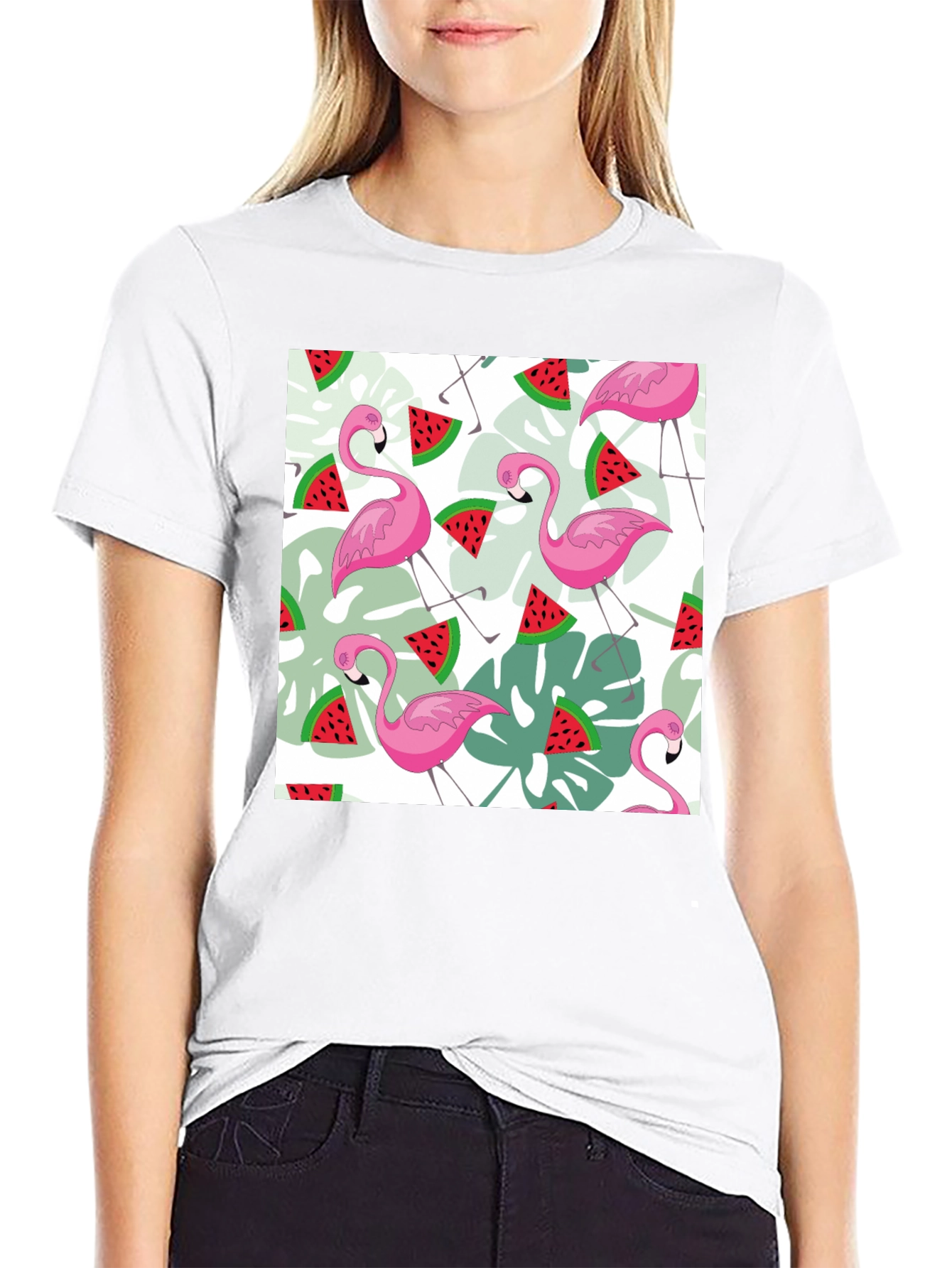 Flamingo & Watermelon Print Black T-Shirt