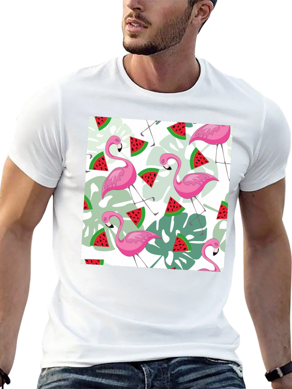 Flamingo & Watermelon Print Black T-Shirt
