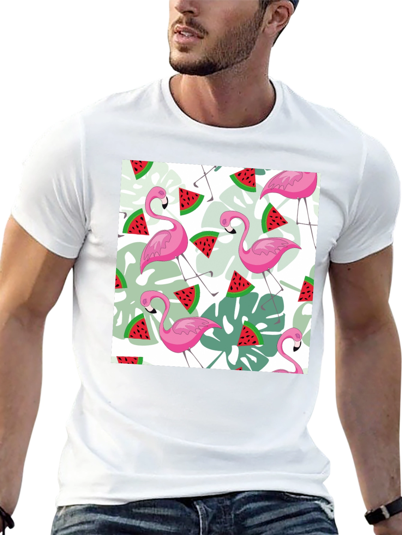 Flamingo & Watermelon Print Black T-Shirt