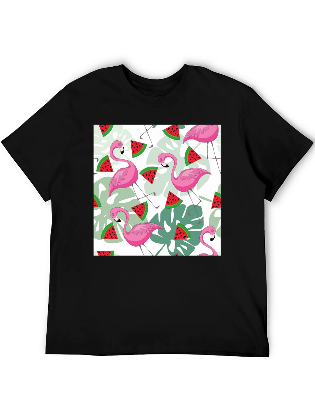 Flamingo & Watermelon Print Black T-Shirt