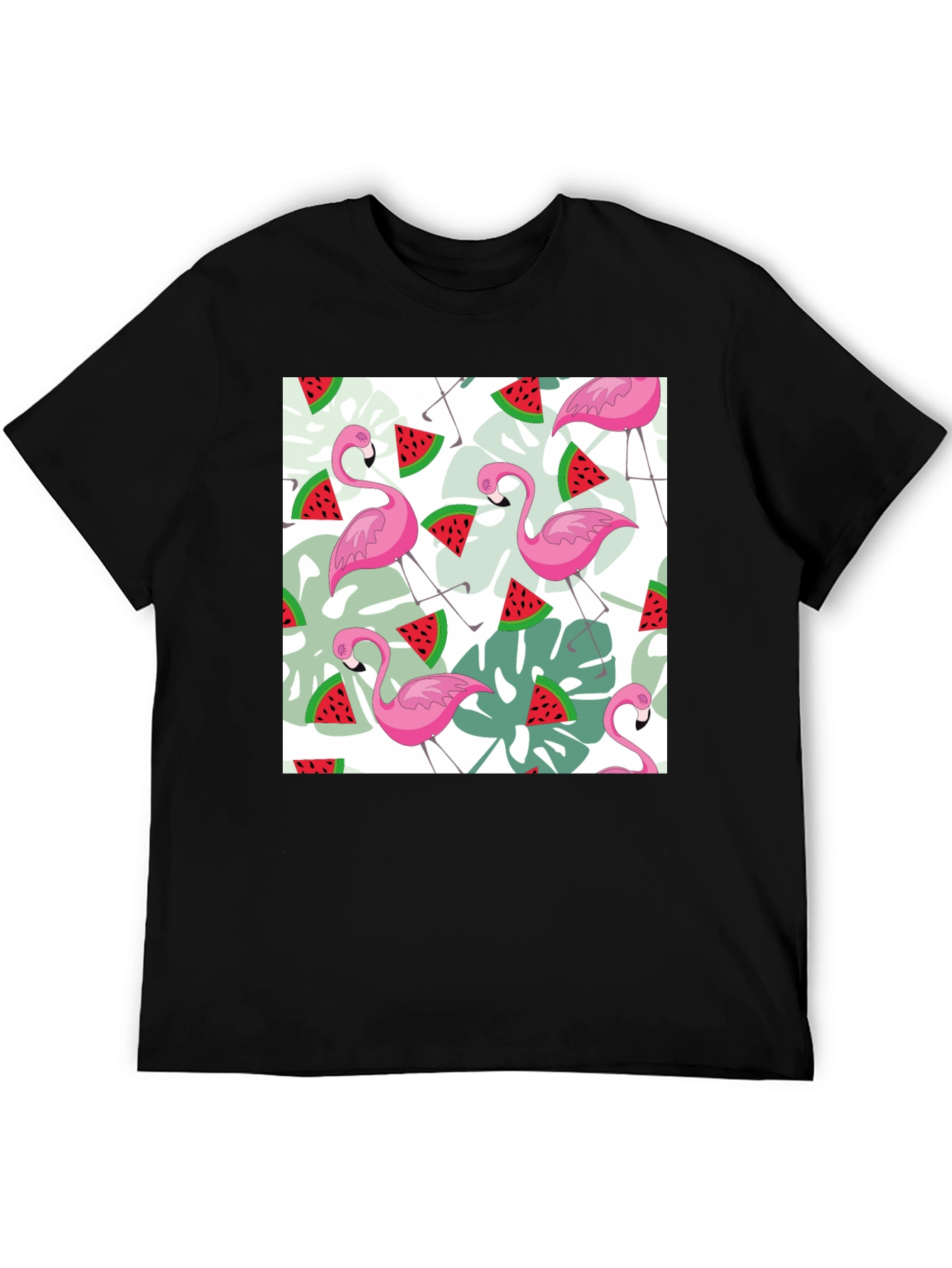 Flamingo & Watermelon Print Black T-Shirt