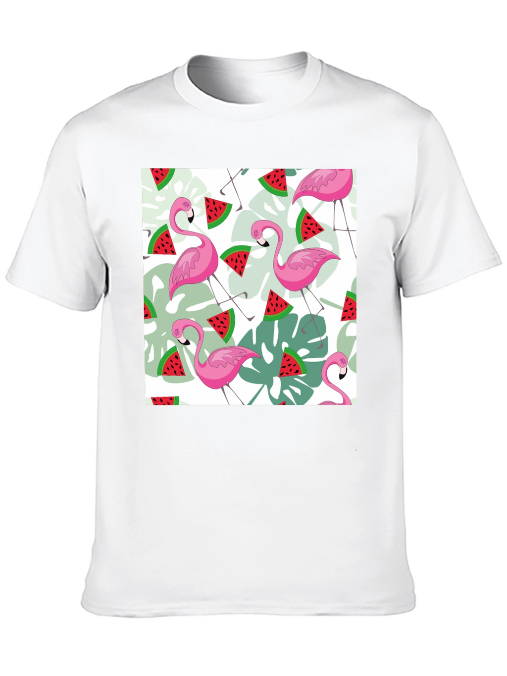 Flamingo & Watermelon Print Black T-Shirt