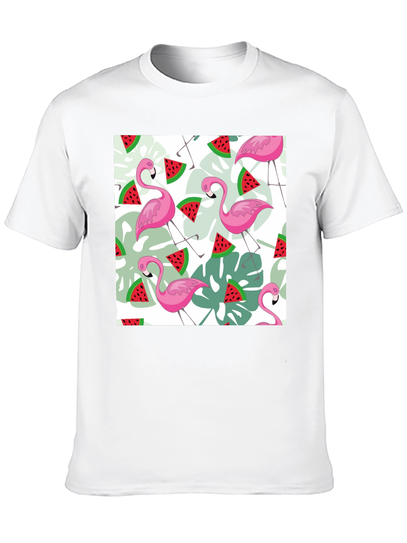 Flamingo & Watermelon Print Black T-Shirt