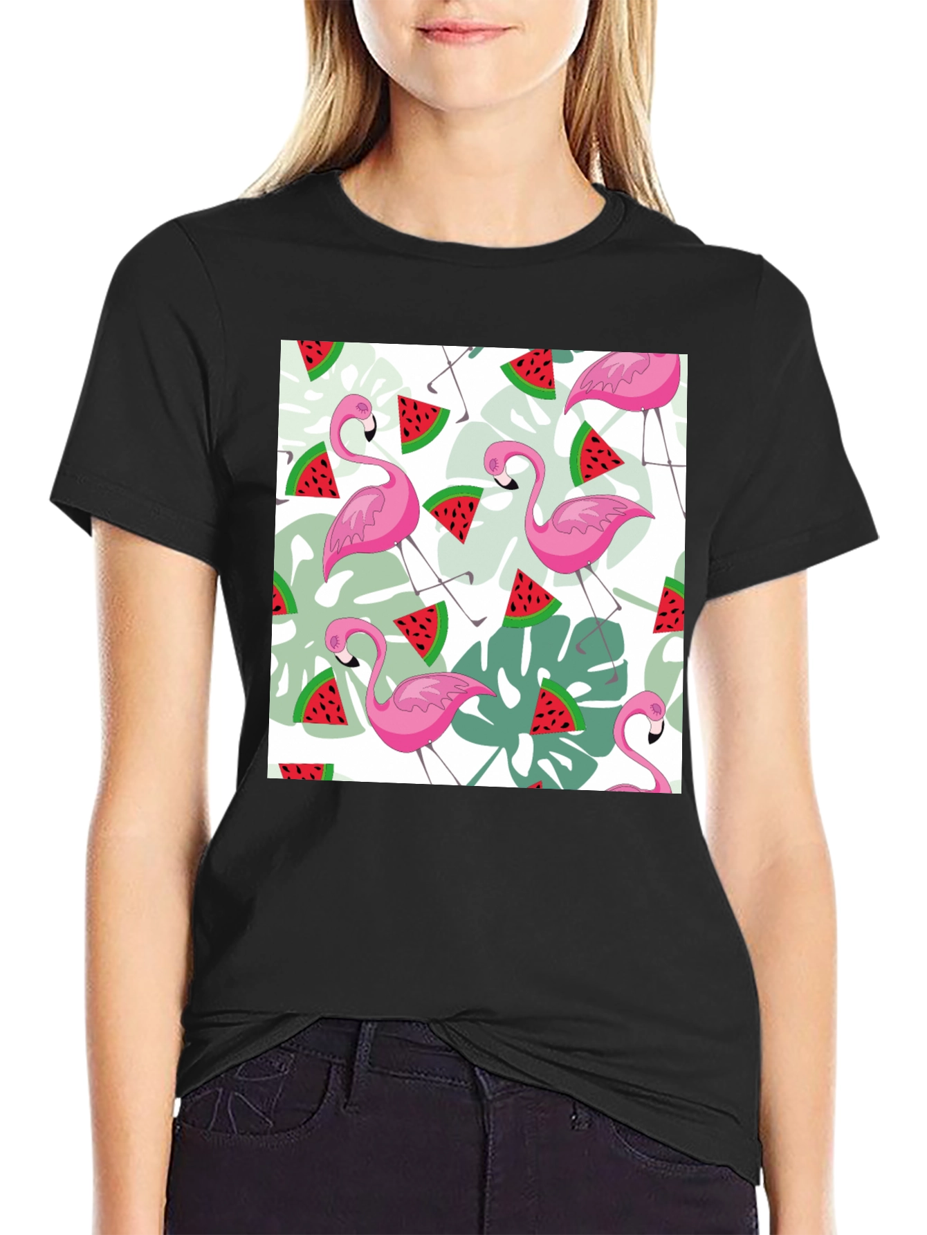 Flamingo & Watermelon Print Black T-Shirt
