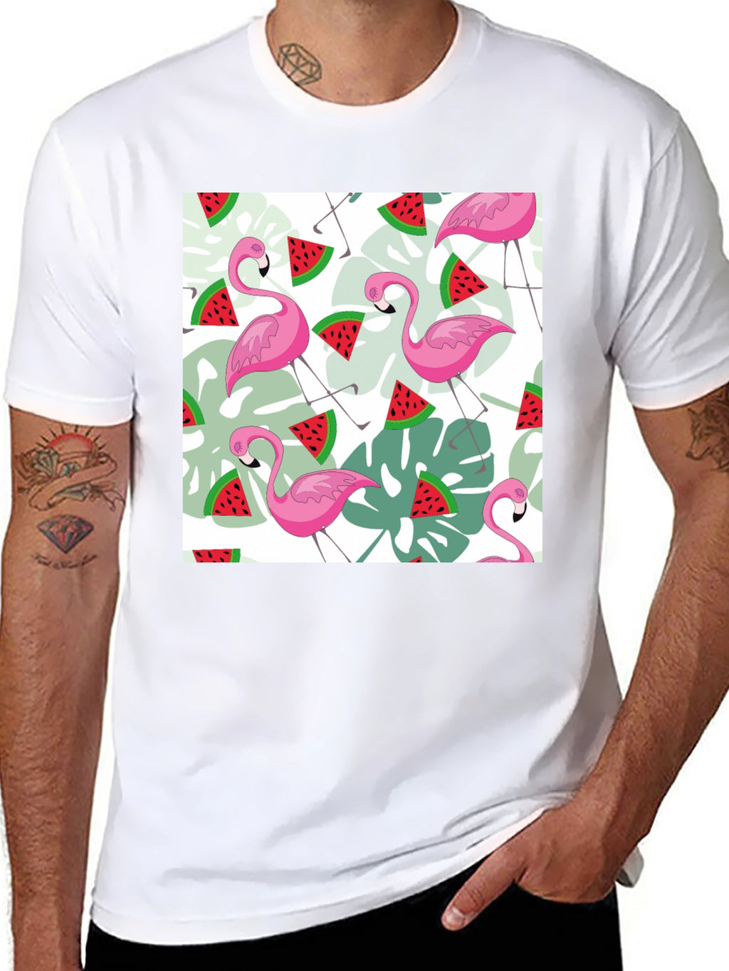 Flamingo & Watermelon Print Black T-Shirt