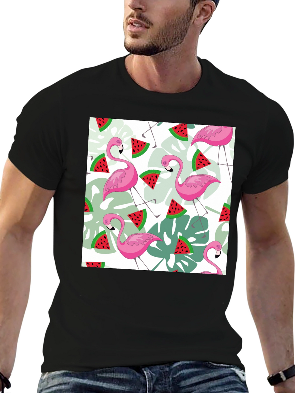 Flamingo & Watermelon Print Black T-Shirt