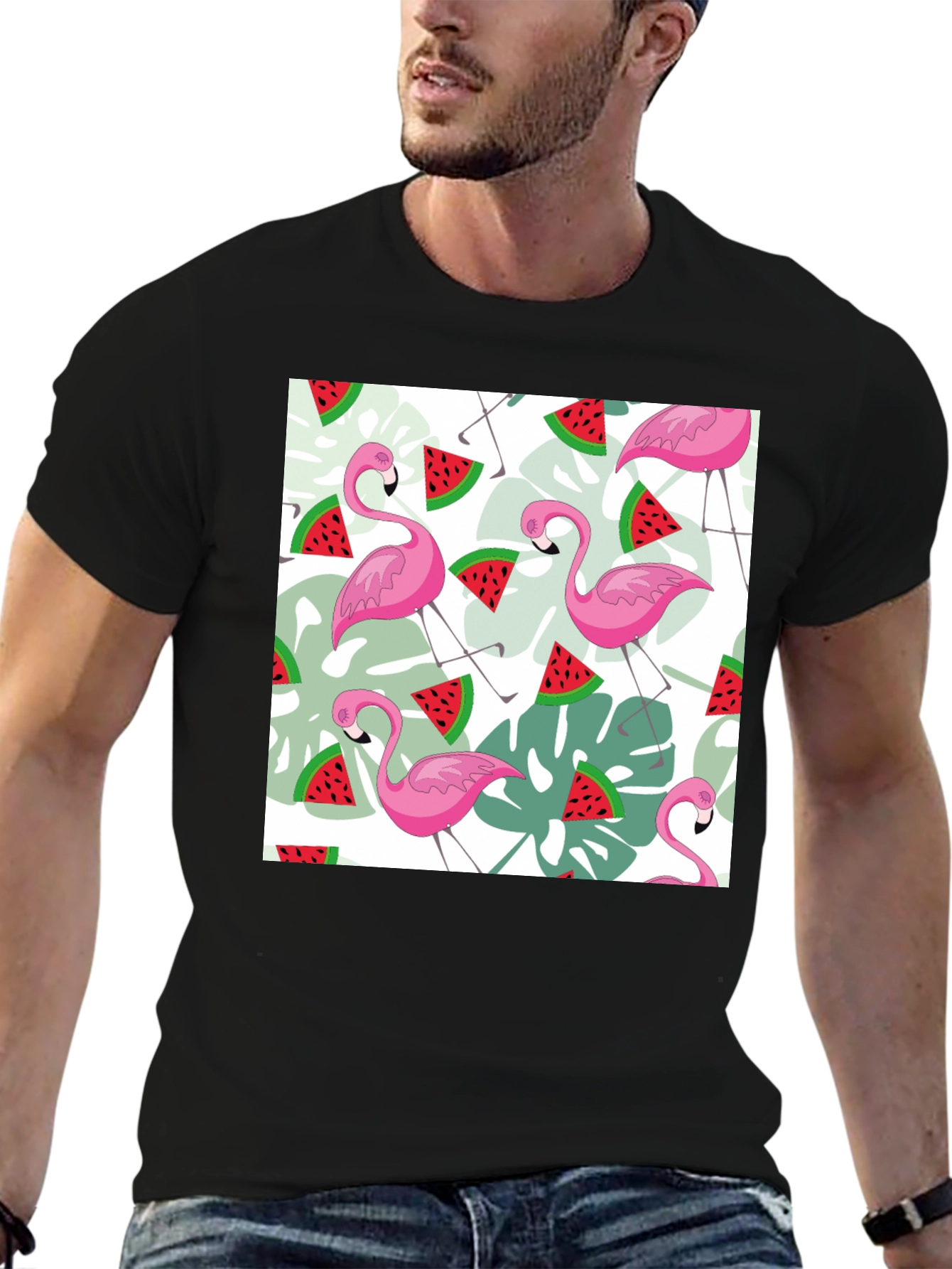 Flamingo & Watermelon Print Black T-Shirt