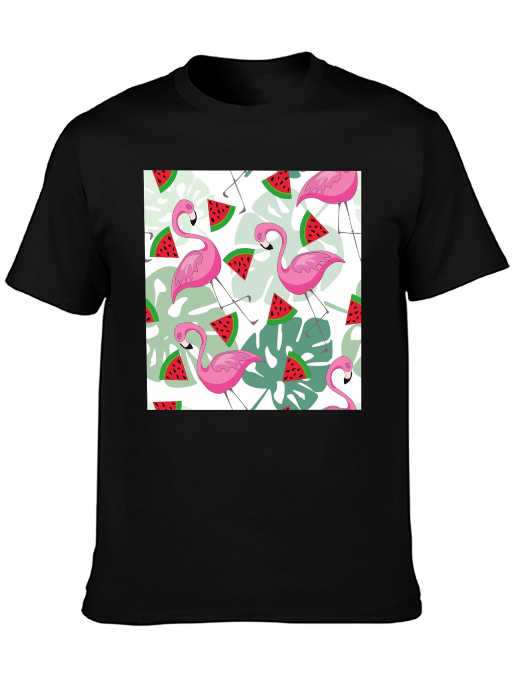 Flamingo & Watermelon Print Black T-Shirt