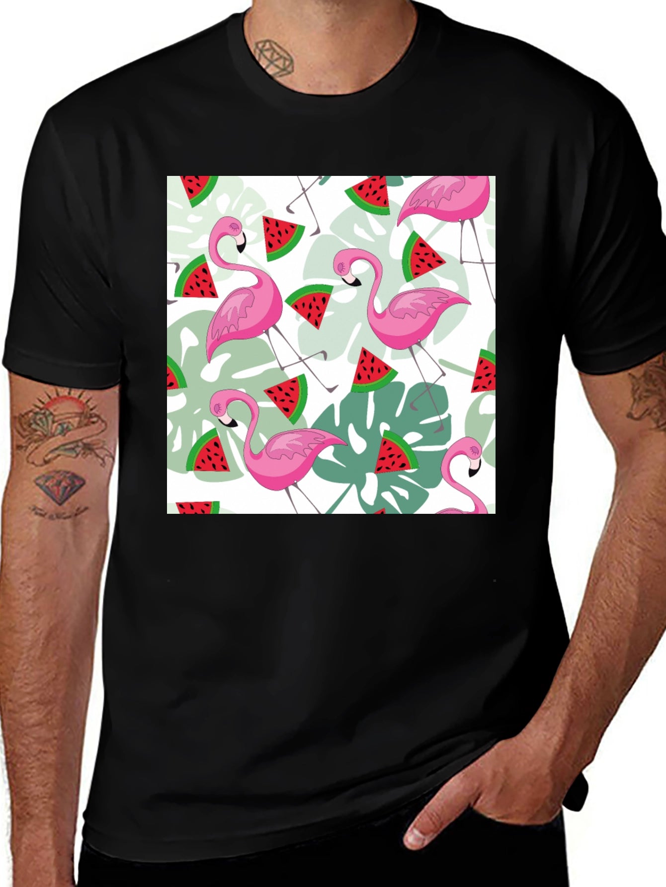Flamingo & Watermelon Print Black T-Shirt