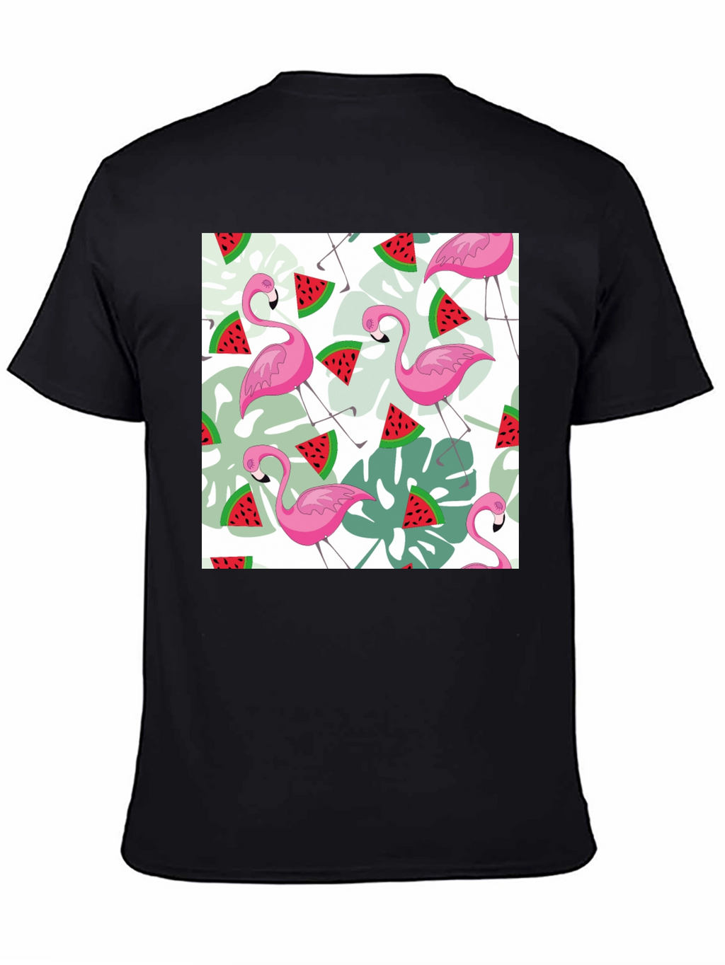 Flamingo & Watermelon Print Black T-Shirt