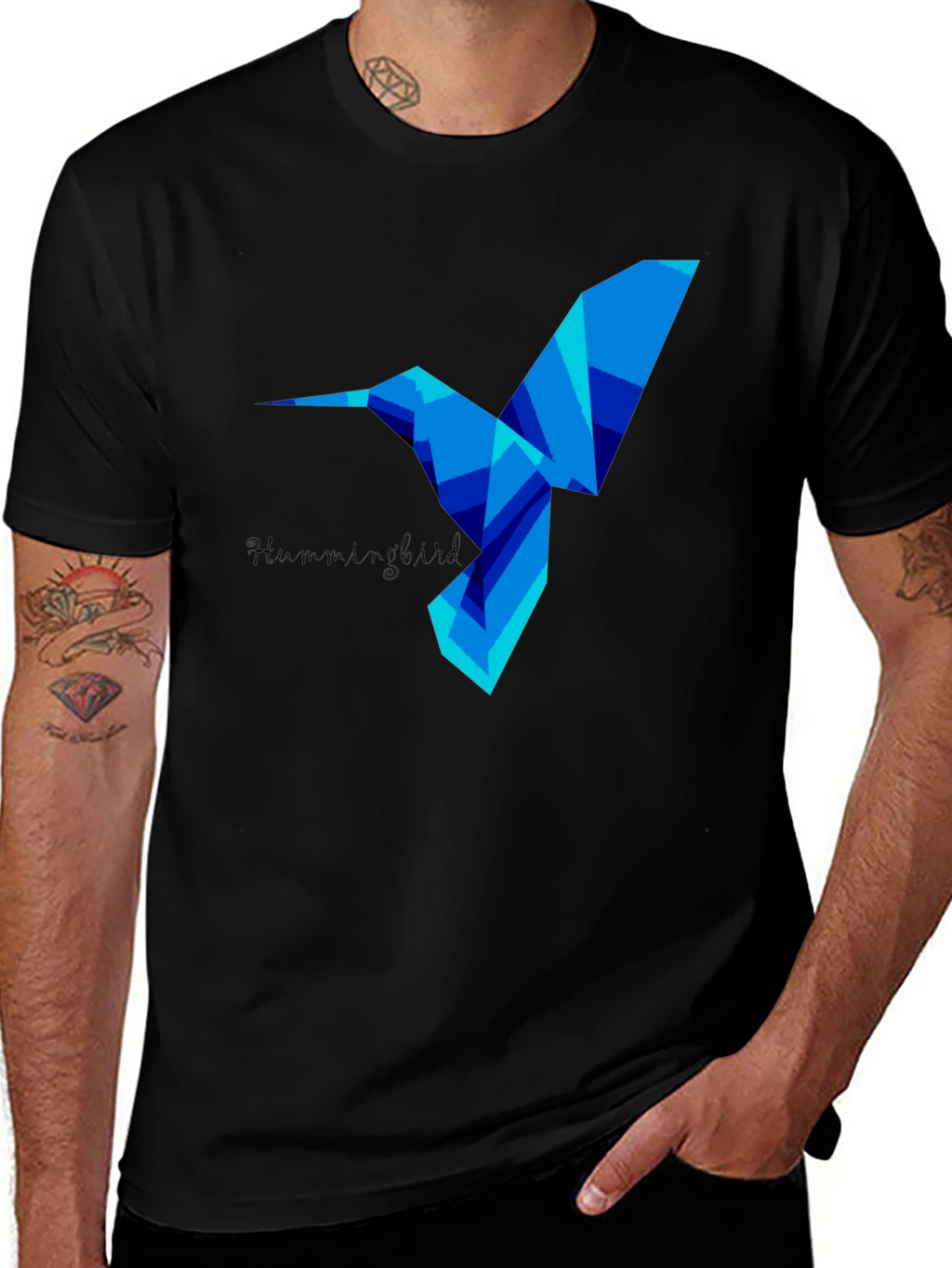 Geometric Hummingbird Graphic Tee - Stylish Mens Black T-Shirt