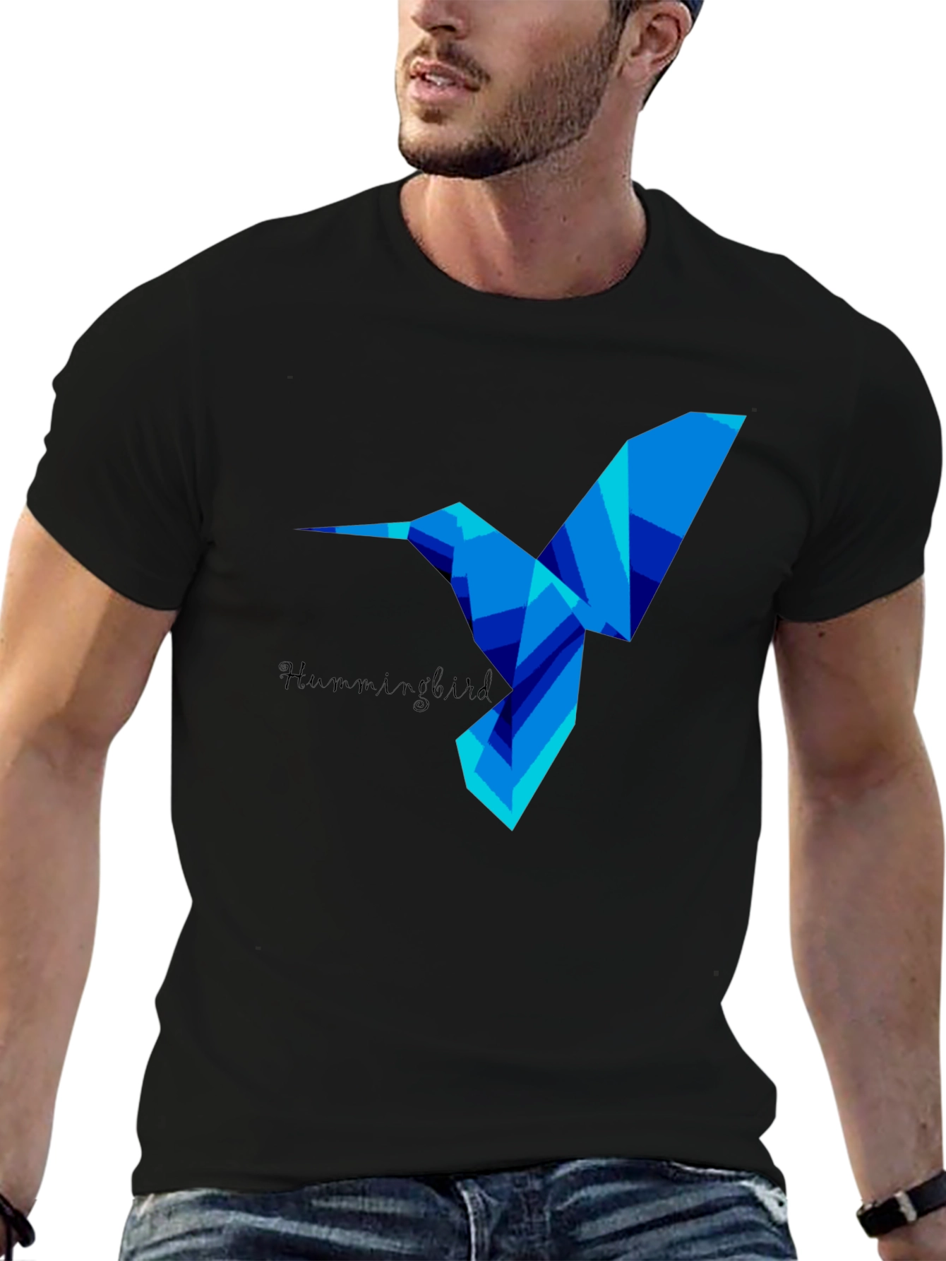 Geometric Hummingbird Graphic Tee - Stylish Mens Black T-Shirt