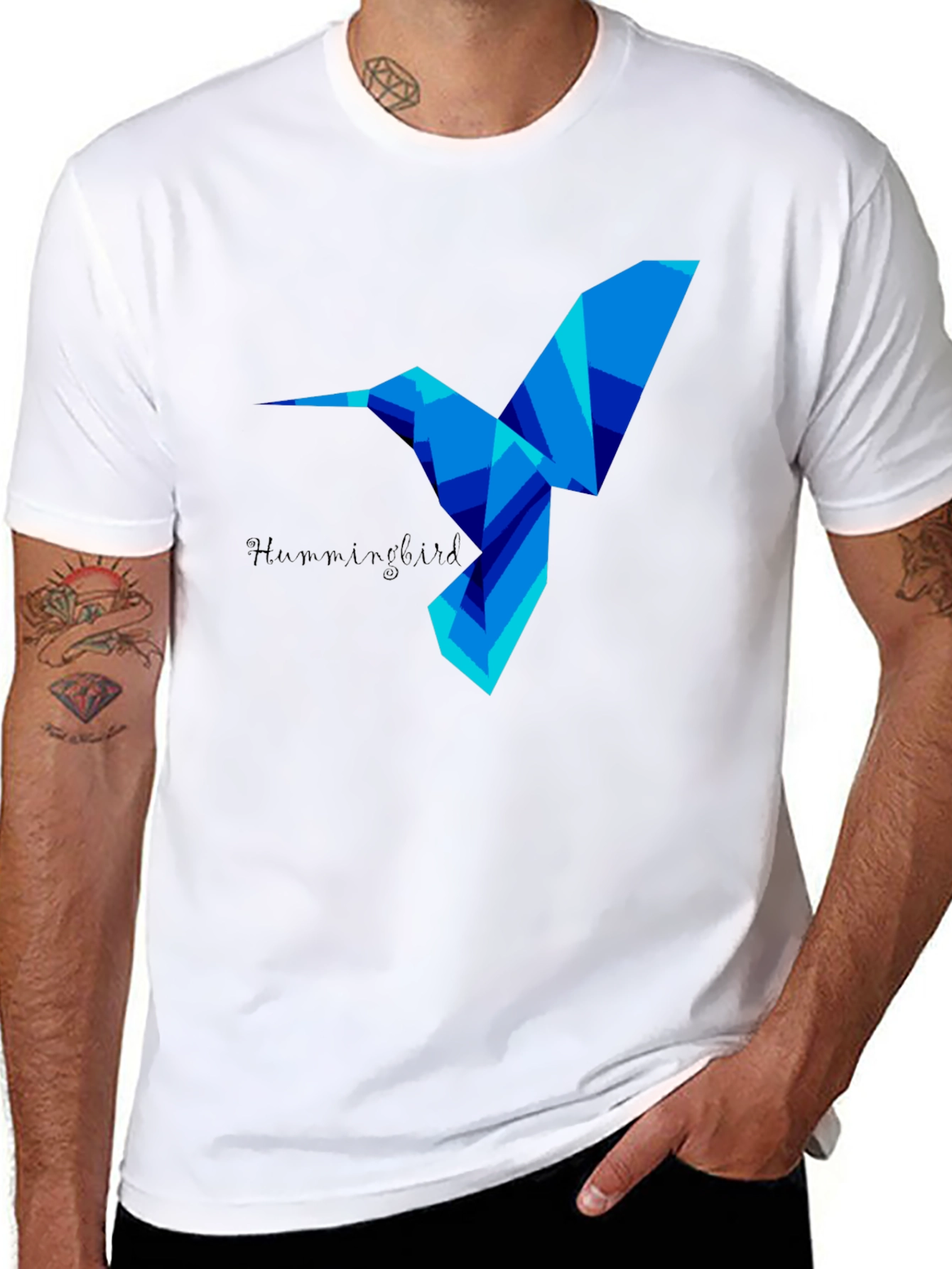 Geometric Hummingbird Graphic Tee - Stylish Mens Black T-Shirt
