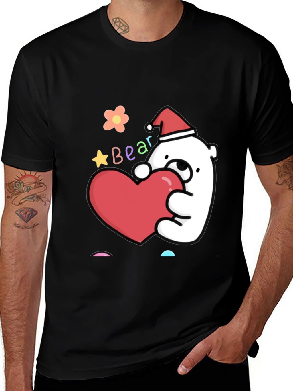Cute Bear with Heart Graphic Tee - Black