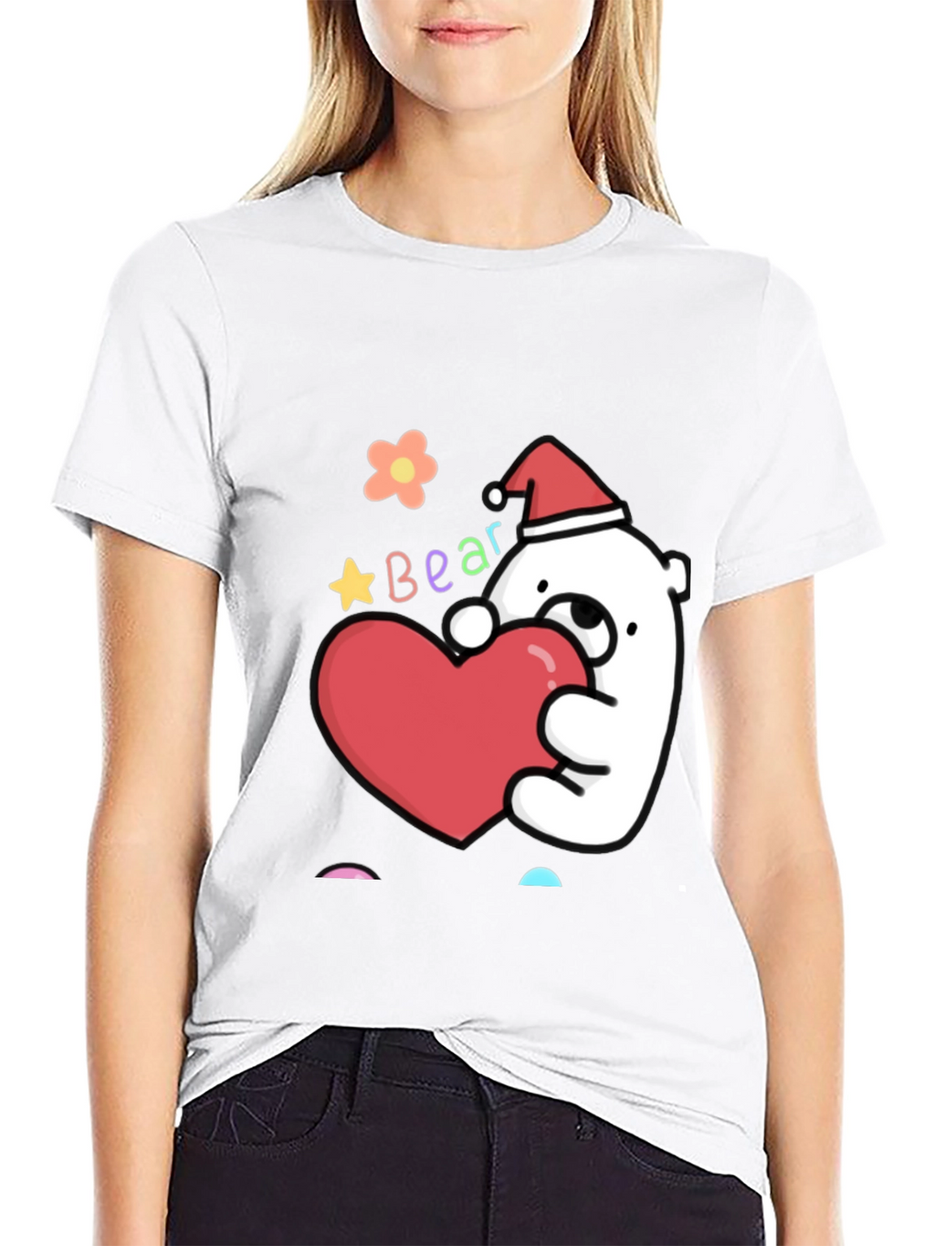 Cute Bear with Heart Graphic Tee - Black