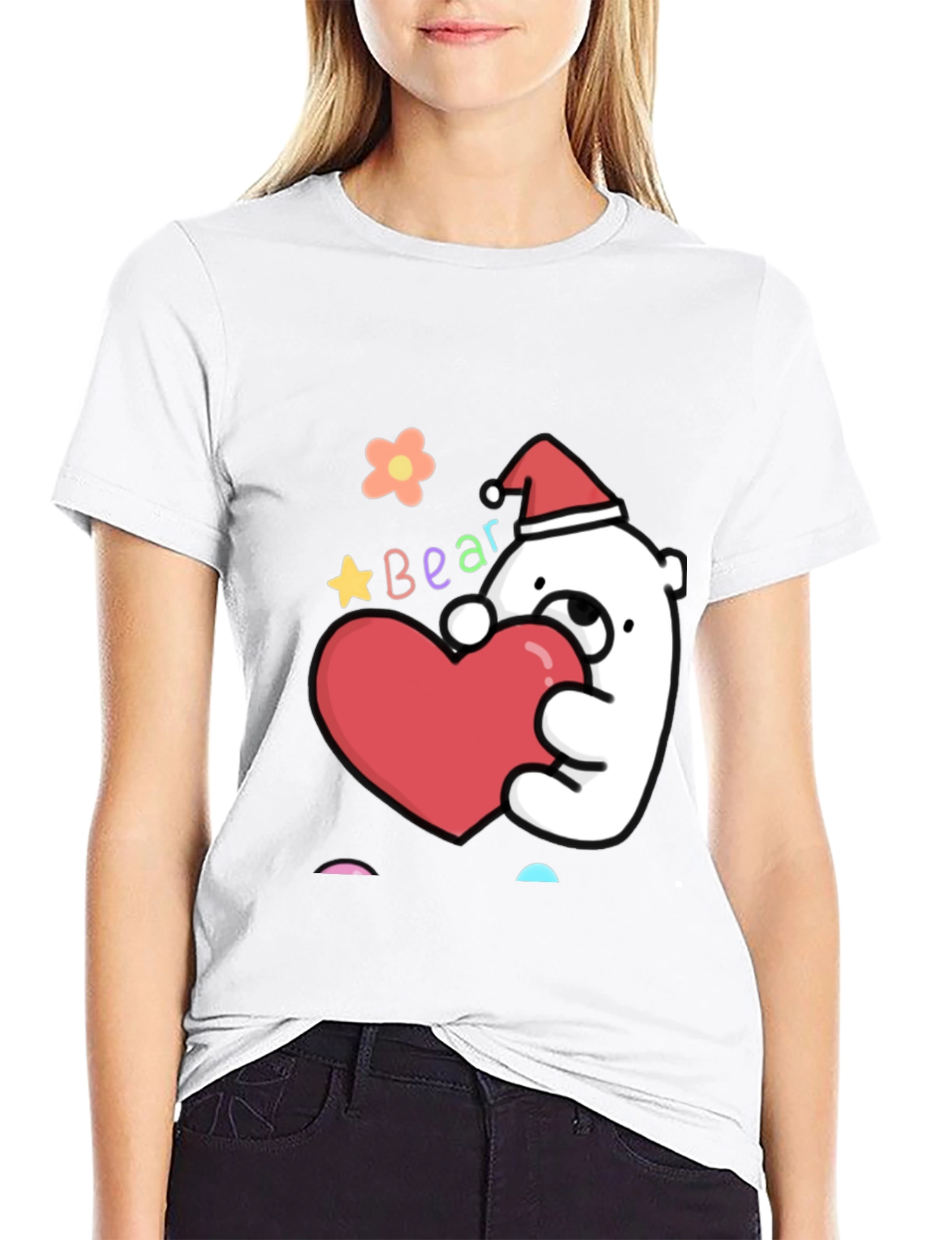 Cute Bear with Heart Graphic Tee - Black