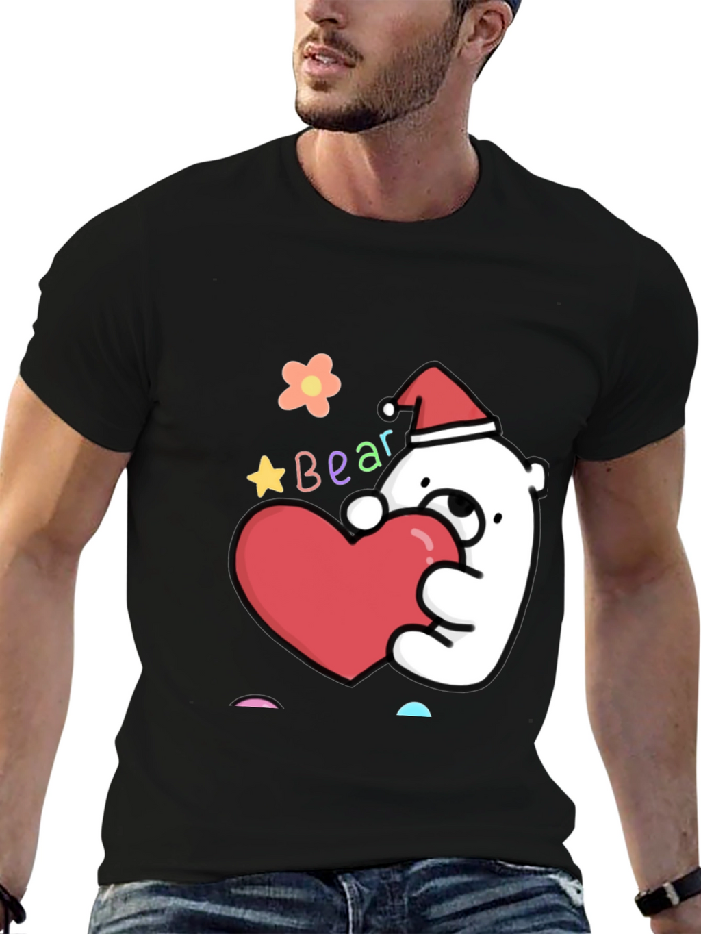 Cute Bear with Heart Graphic Tee - Black