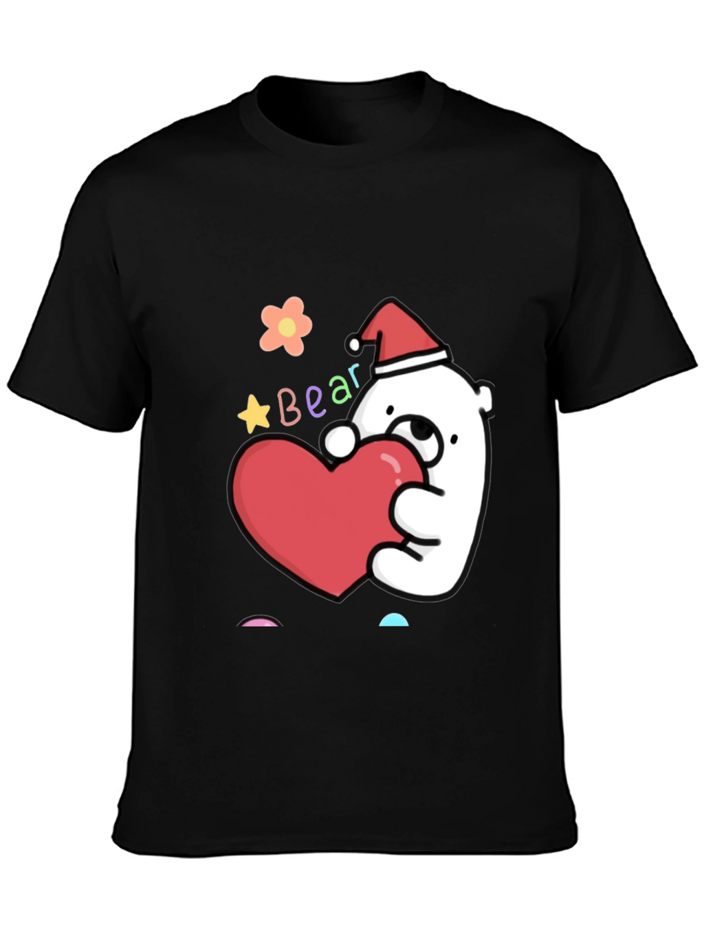 Cute Bear with Heart Graphic Tee - Black