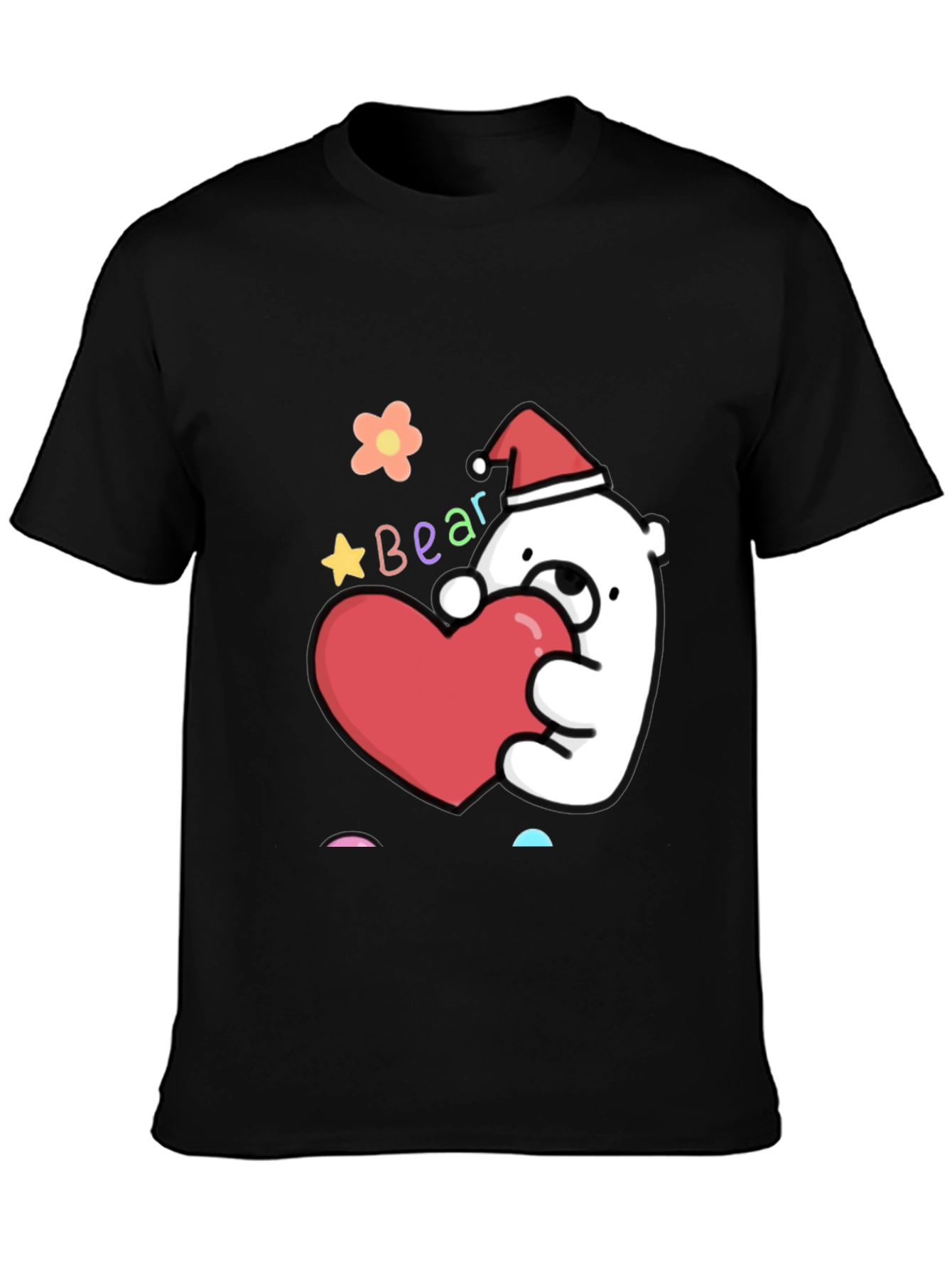 Cute Bear with Heart Graphic Tee - Black