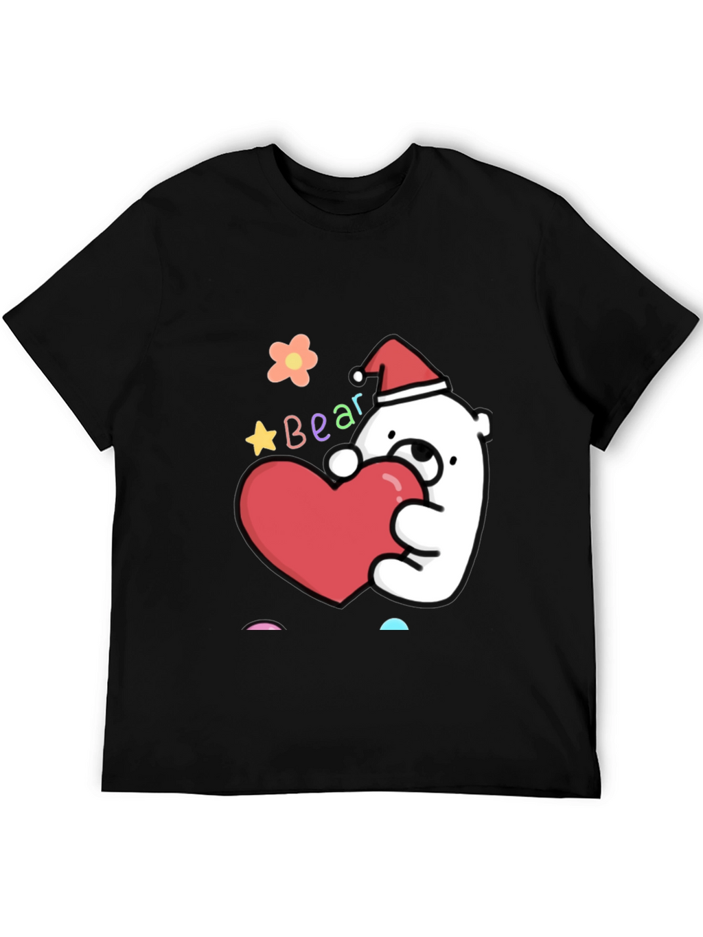 Cute Bear with Heart Graphic Tee - Black