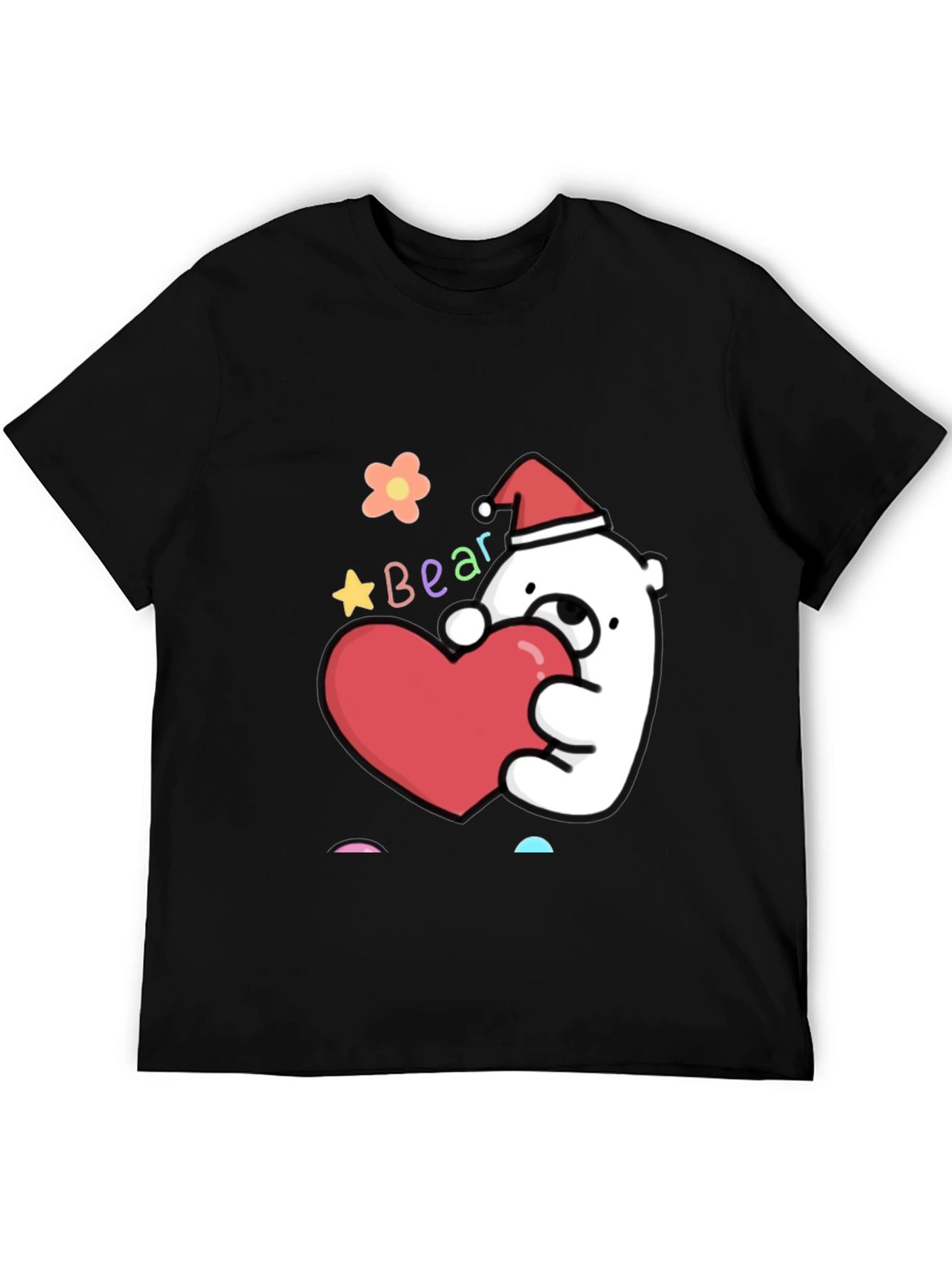 Cute Bear with Heart Graphic Tee - Black