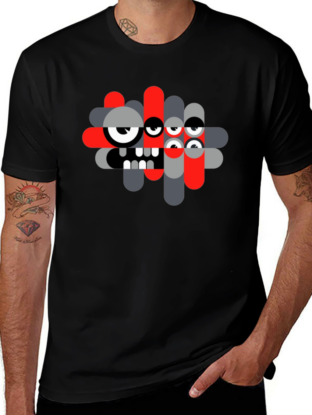 Abstract Monster Graphic Tee - Black Casual T-Shirt