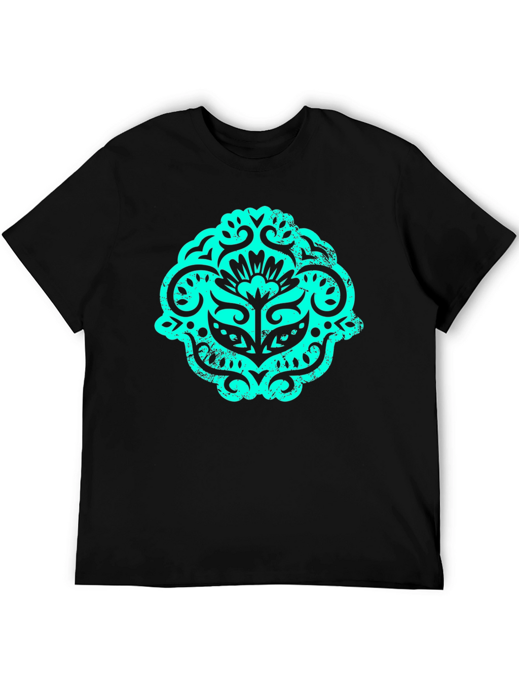 Black T-Shirt with Teal Ornamental Graphic