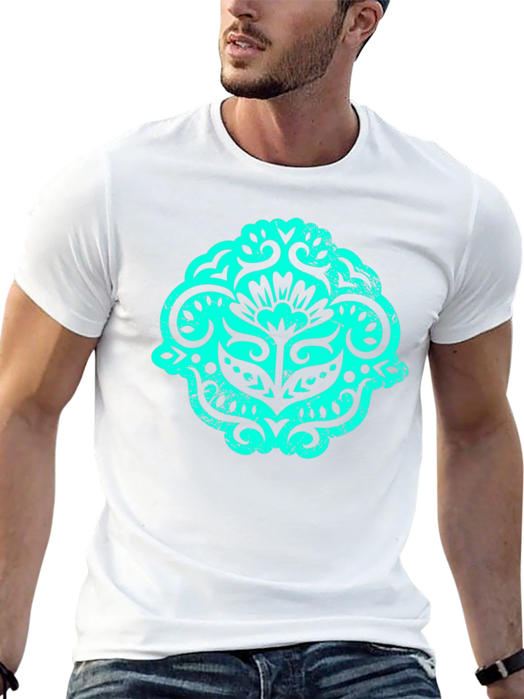 Black T-Shirt with Teal Ornamental Graphic