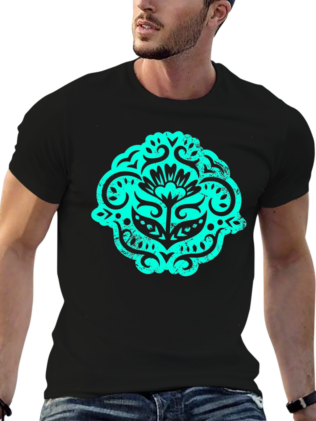 Black T-Shirt with Teal Ornamental Graphic