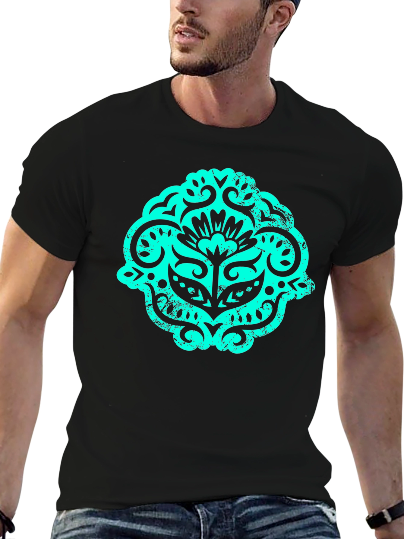 Black T-Shirt with Teal Ornamental Graphic