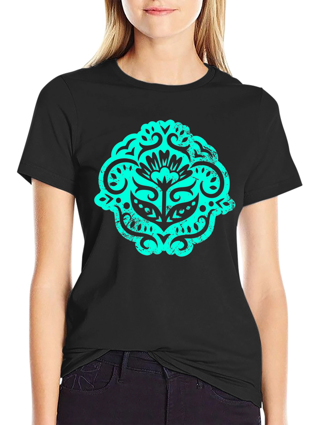 Black T-Shirt with Teal Ornamental Graphic
