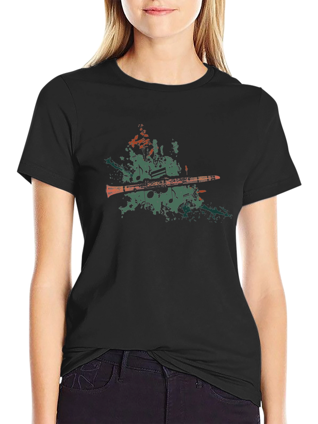 Musical Notes Clarinet Graphic Tee - Black
