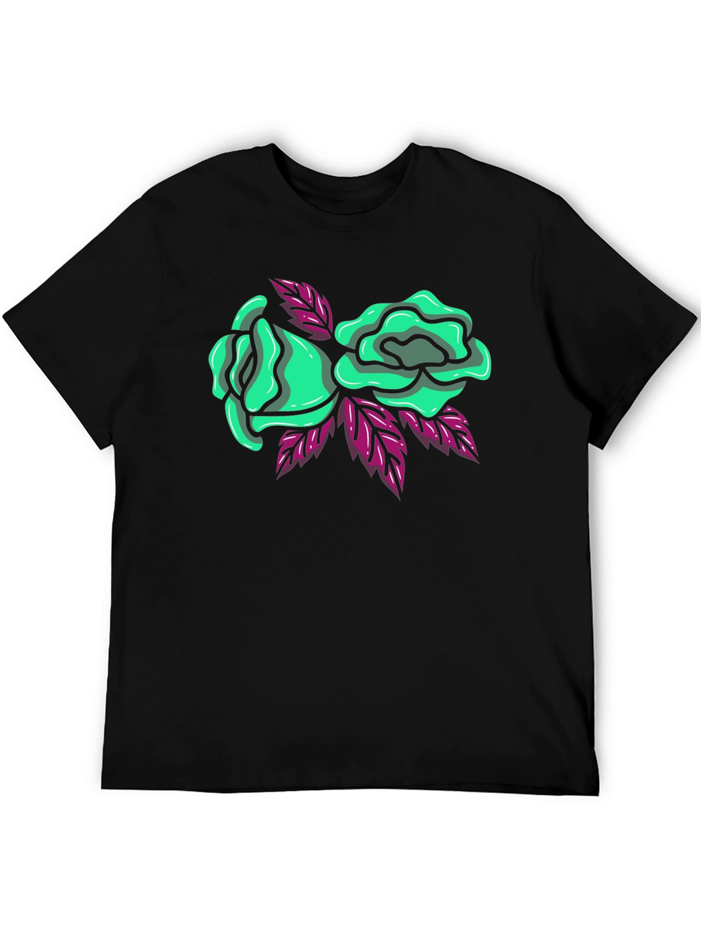 Black T-Shirt with Green Roses Graphic Print