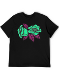 Black T-Shirt with Green Roses Graphic Print