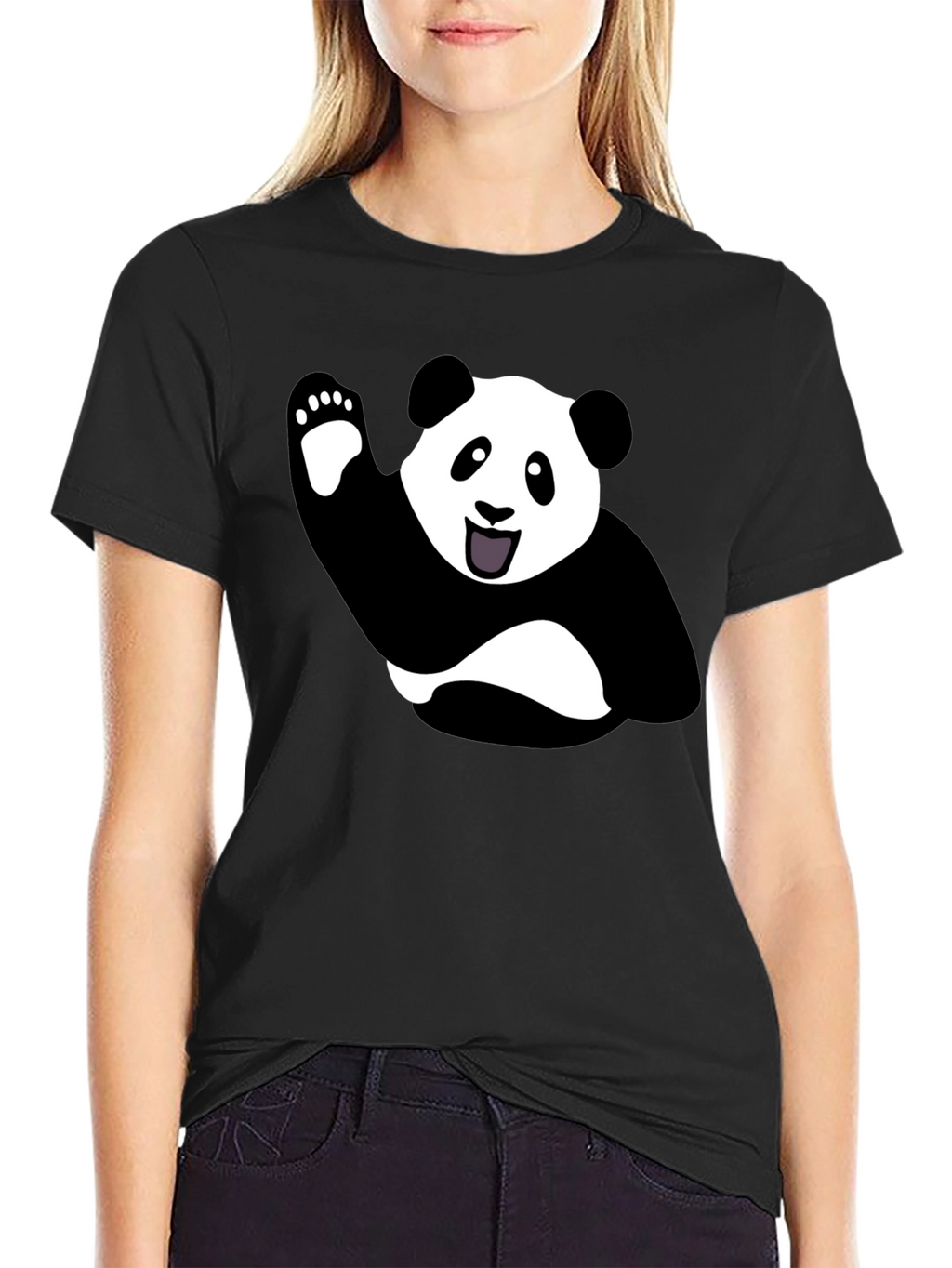 Waving Panda Graphic Tee - Black Cotton T-Shirt