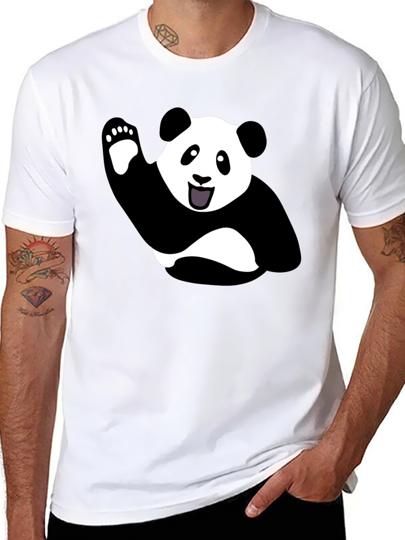 Waving Panda Graphic Tee - Black Cotton T-Shirt