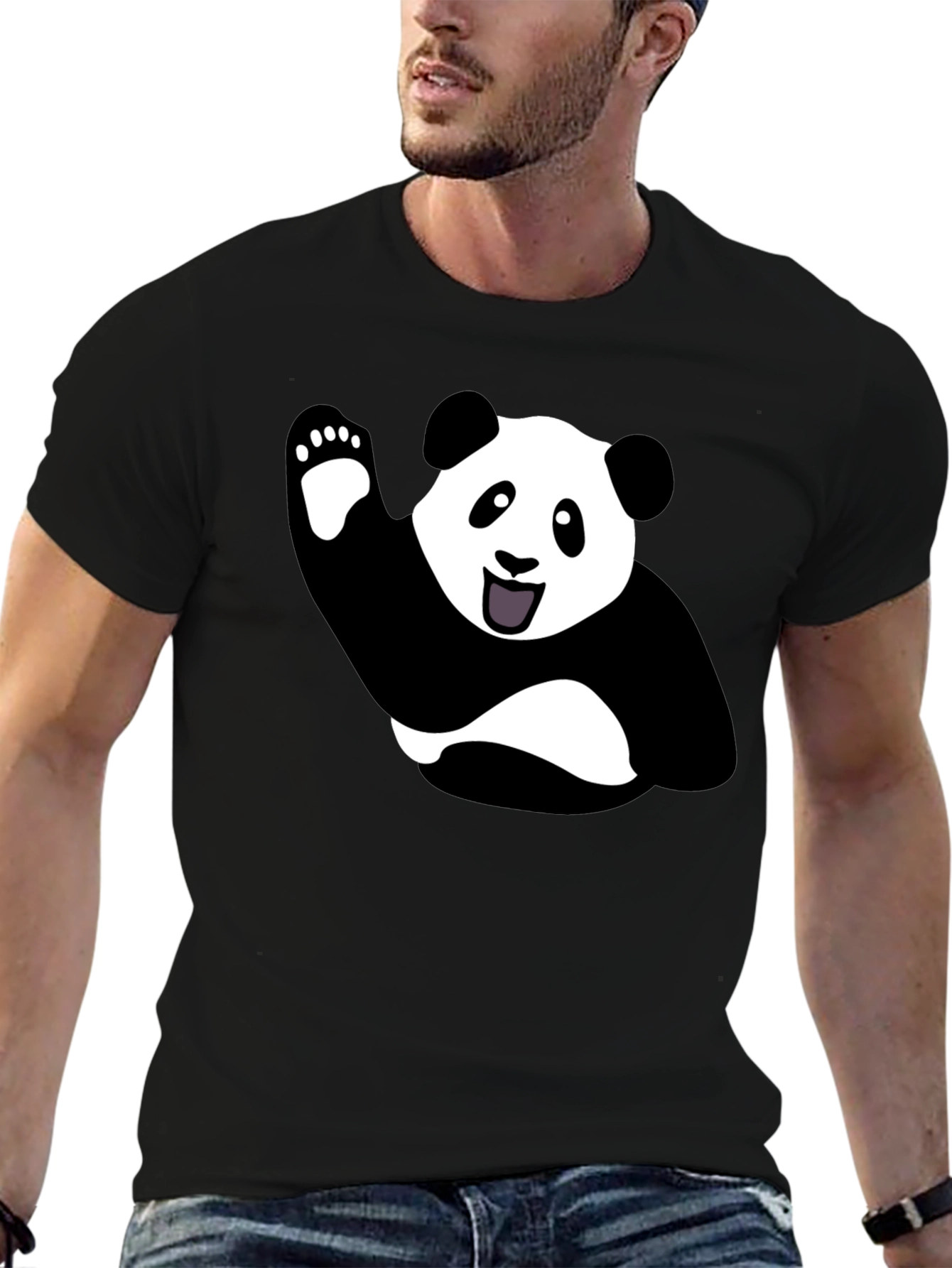 Waving Panda Graphic Tee - Black Cotton T-Shirt