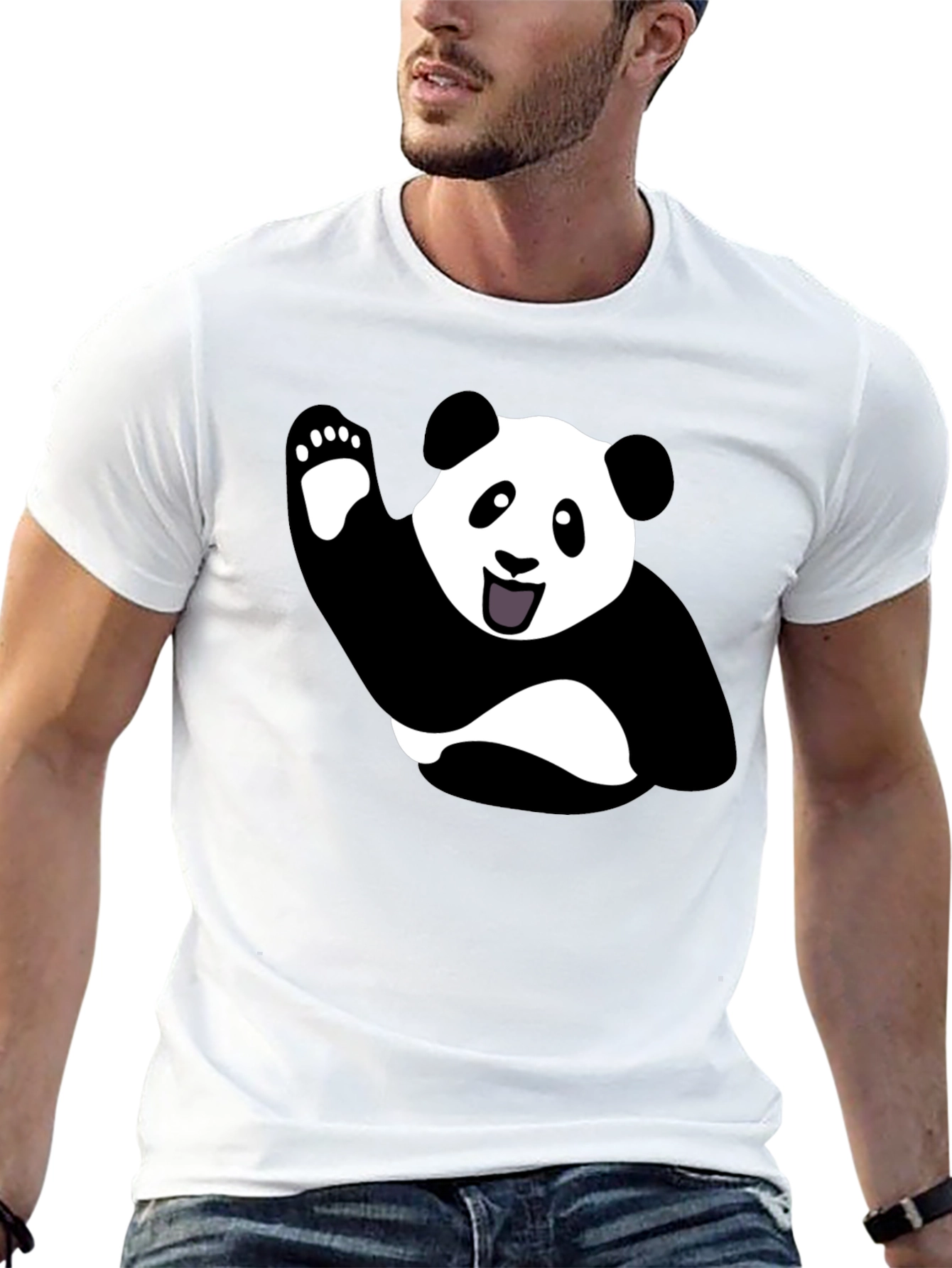 Waving Panda Graphic Tee - Black Cotton T-Shirt