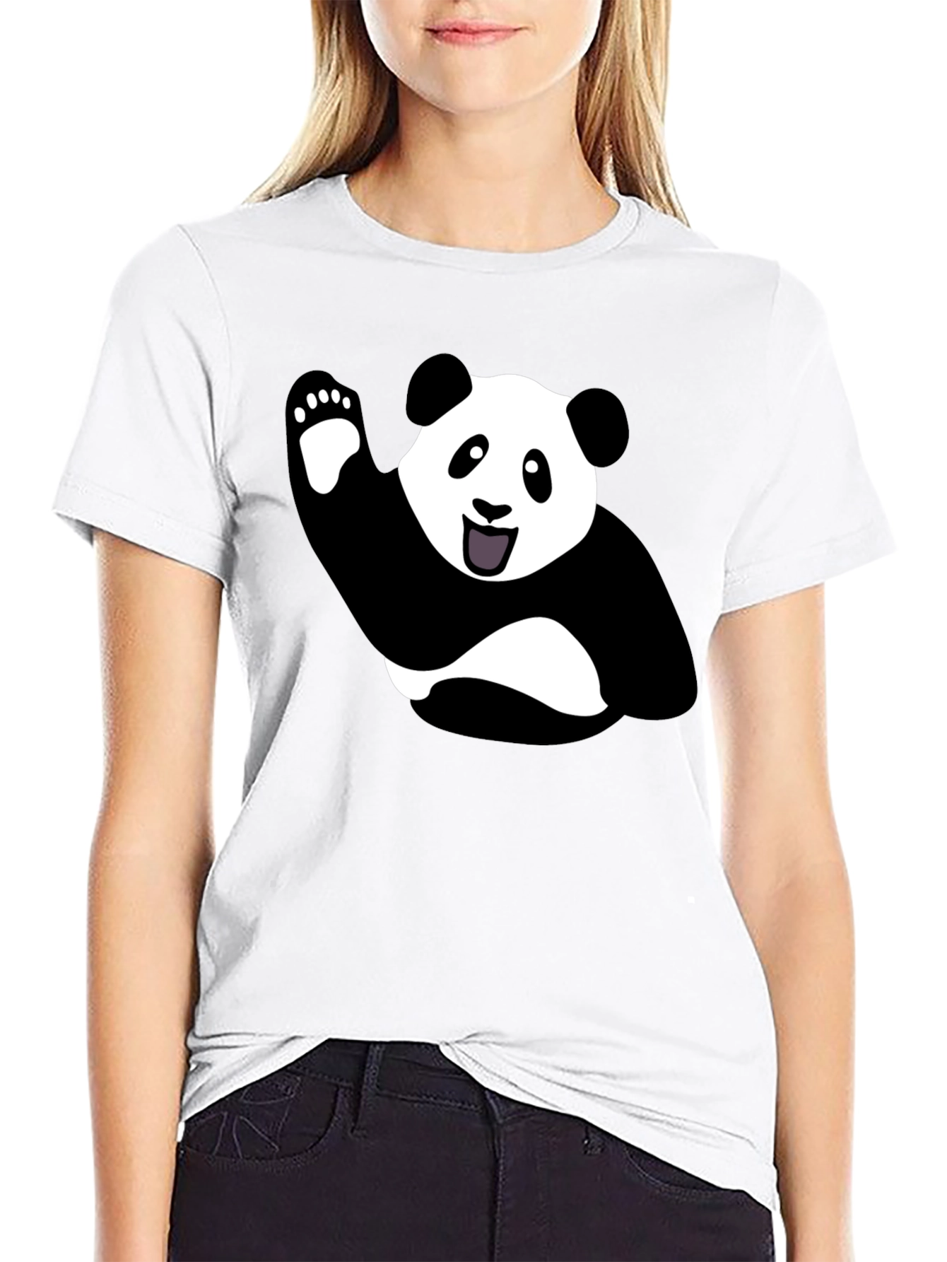 Waving Panda Graphic Tee - Black Cotton T-Shirt
