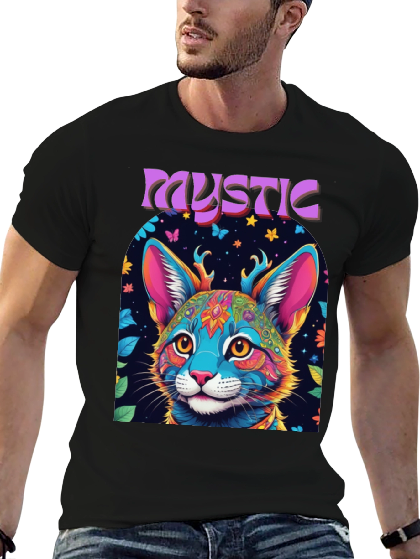 Mystic Cat Graphic Tee - Vibrant Psychedelic Design