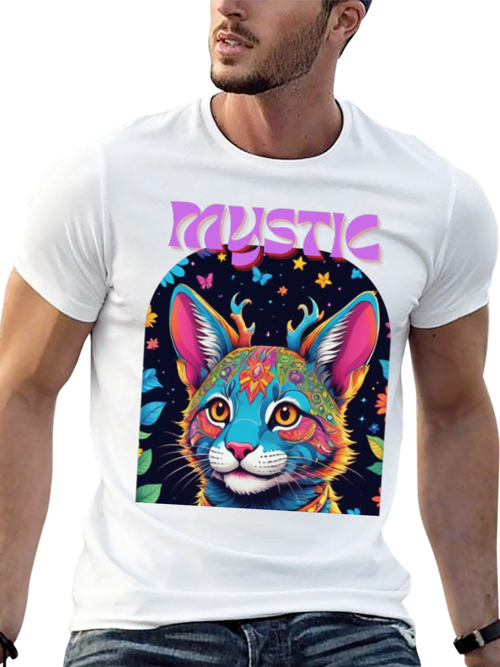 Mystic Cat Graphic Tee - Vibrant Psychedelic Design